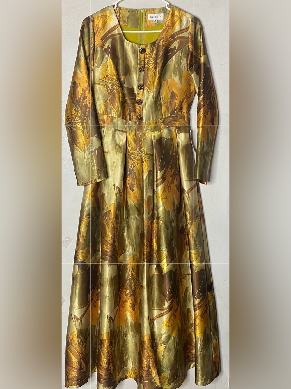 NWT FAERIESTY Metallic Gold Floral Maxi Dress  M Long Sleeve Whimsigoth Elegant
